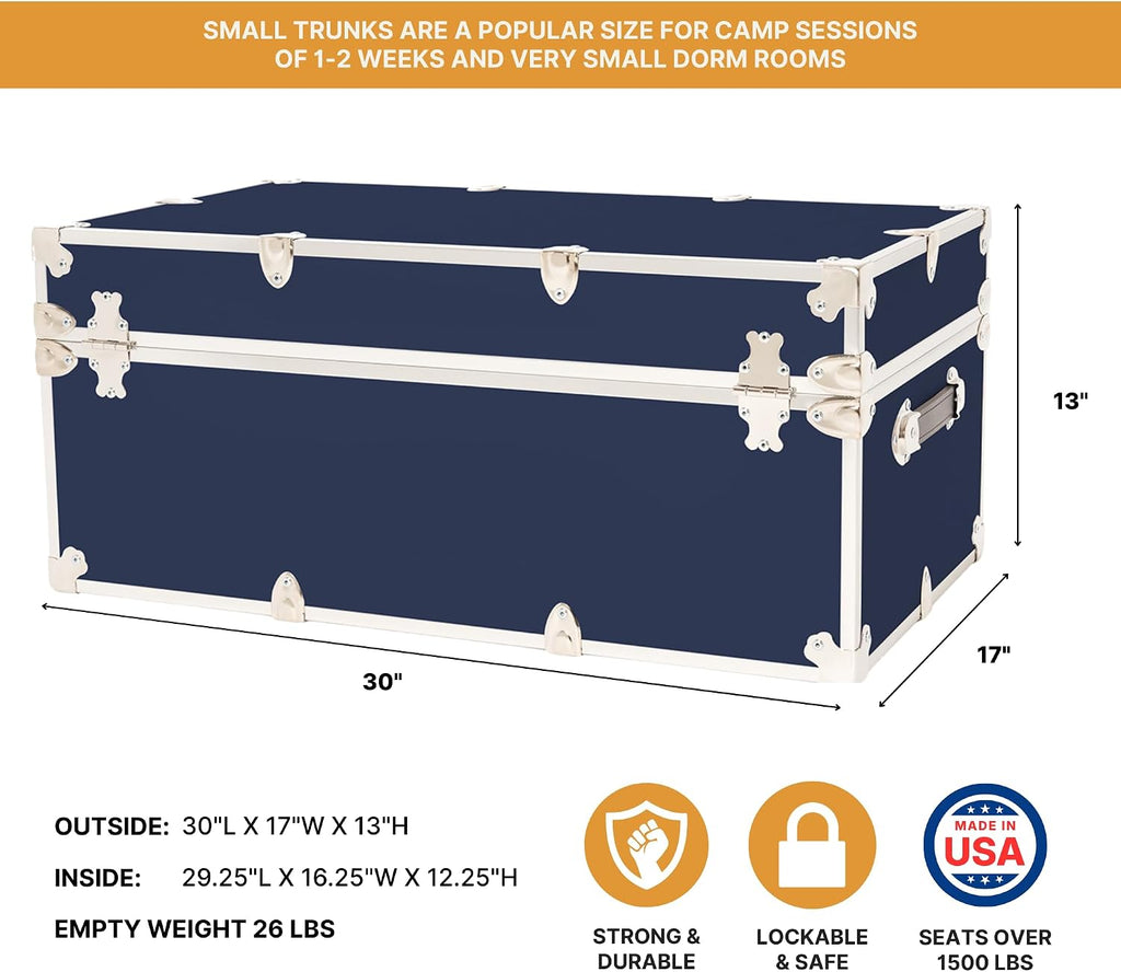 Rhino Trunk & Case Classic Camp & College Trunk with Wheels. 30"x17"x13", 1500+ lbs Capacity - Many Colors, Soft-Close Lid. Strong, USA Made Summer Camp Footlocker and Secure Dorm Storage Chest