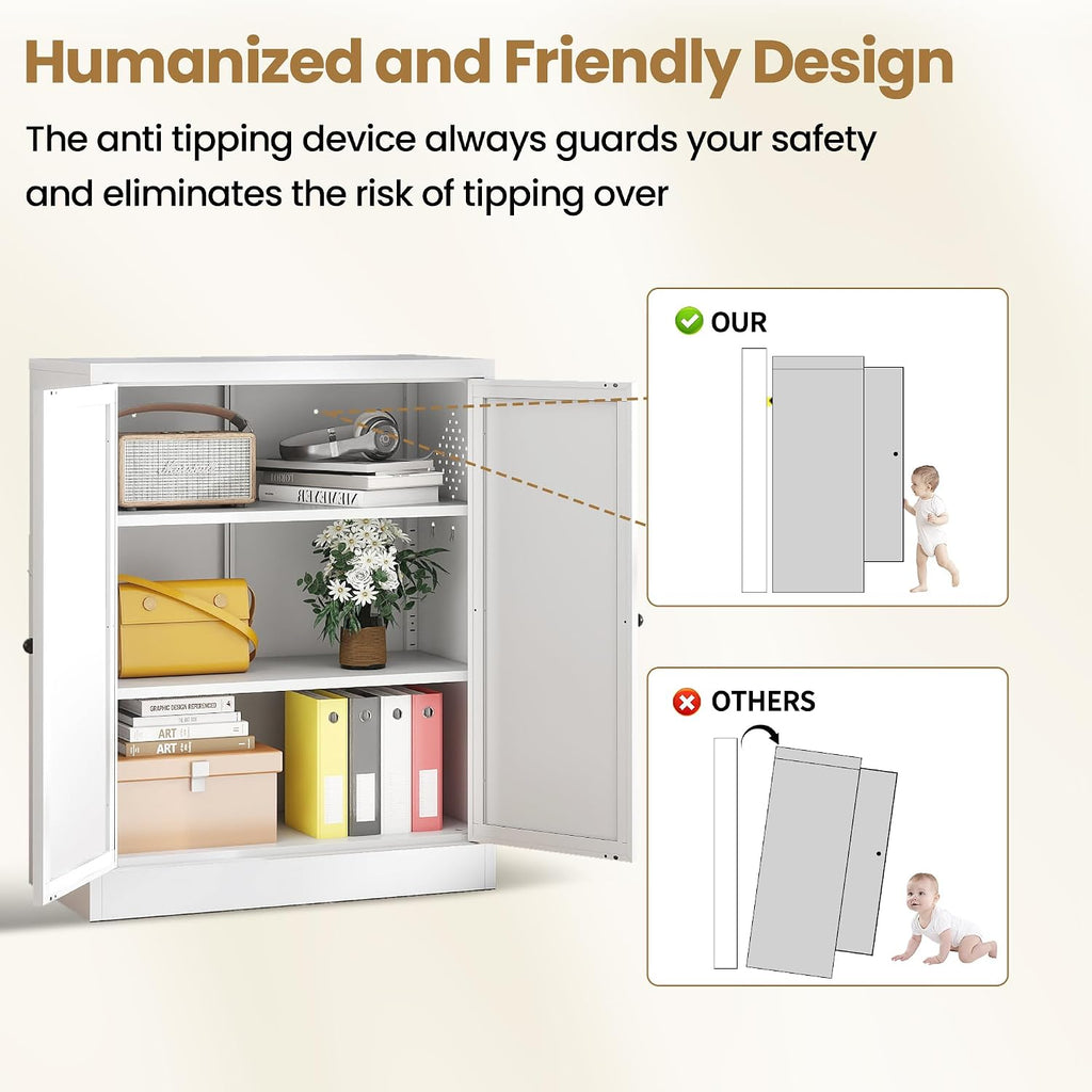 Kitchen Pantry Storage Cabinet, 34" H Storage Cabinet with Doors and Adjustable Shelves, Small Cupboard with Round Handles, Metal Kitchen Cabinet for Dining Room, Living Room, White