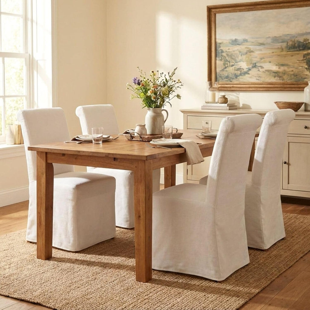 Parsons Dining Chairs Set of 6, Upholstered Slipcovered Dining Room Chairs with Removable Washable Skirt, High Back Kitchen Chairs with Solid Wood Legs, Cream White Linen Fabric