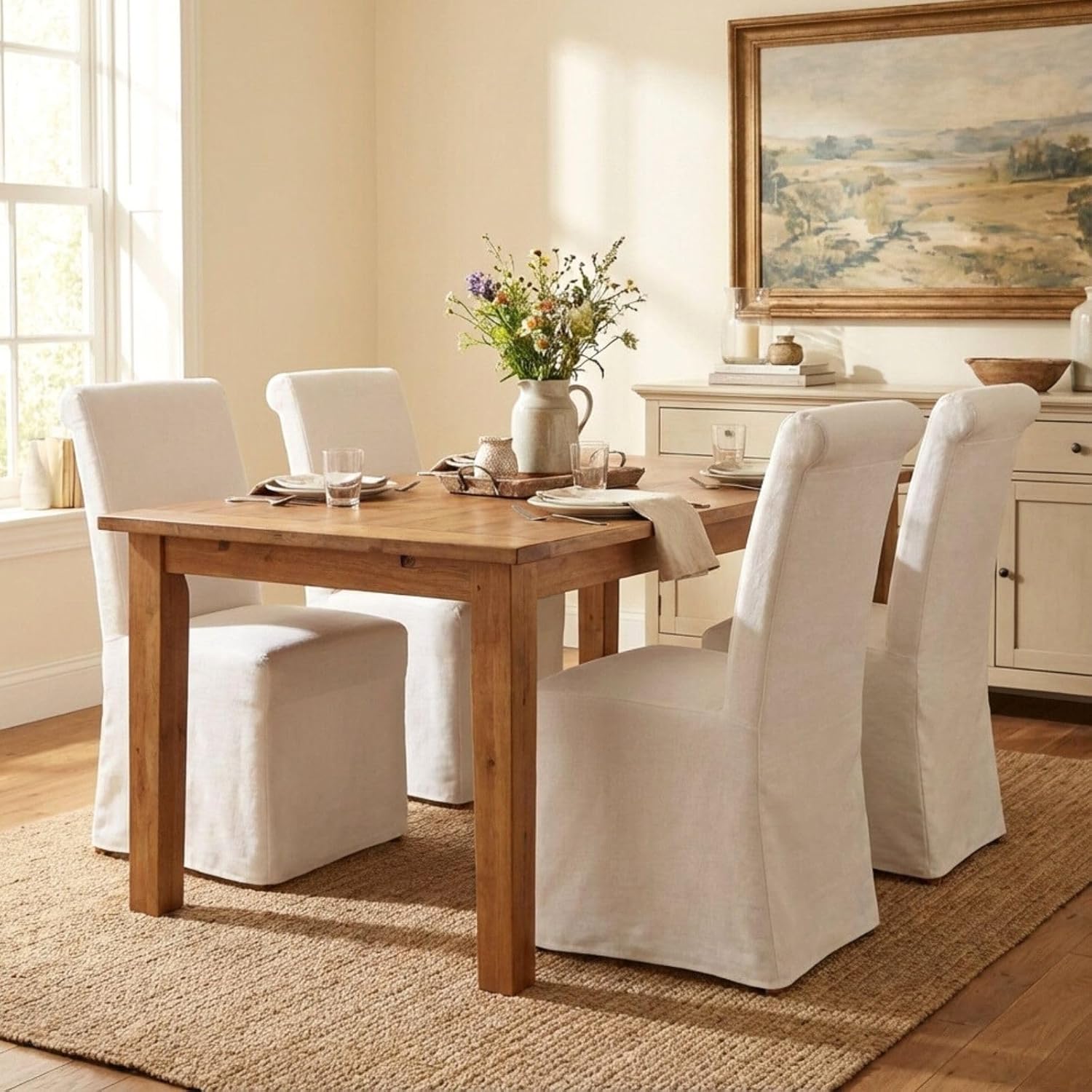 Parsons Dining Chairs Set of 6, Upholstered Slipcovered Dining Room Chairs with Removable Washable Skirt, High Back Kitchen Chairs with Solid Wood Legs, Cream White Linen Fabric