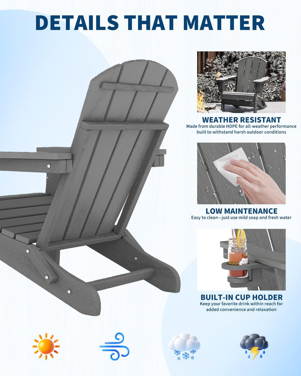 Garvee Folding Adirondack Chair, HDPE Outdoor Patio Chair with Cup Holder, All Weather Resistent Wooden Textured for patios, Decks, Gardens, fire Pit, Grey