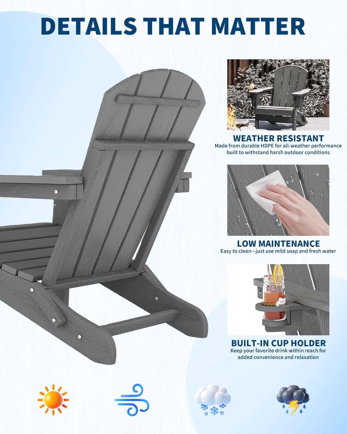 Garvee Folding Adirondack Chair, HDPE Outdoor Patio Chair with Cup Holder, All Weather Resistent Wooden Textured for patios, Decks, Gardens, fire Pit, Grey