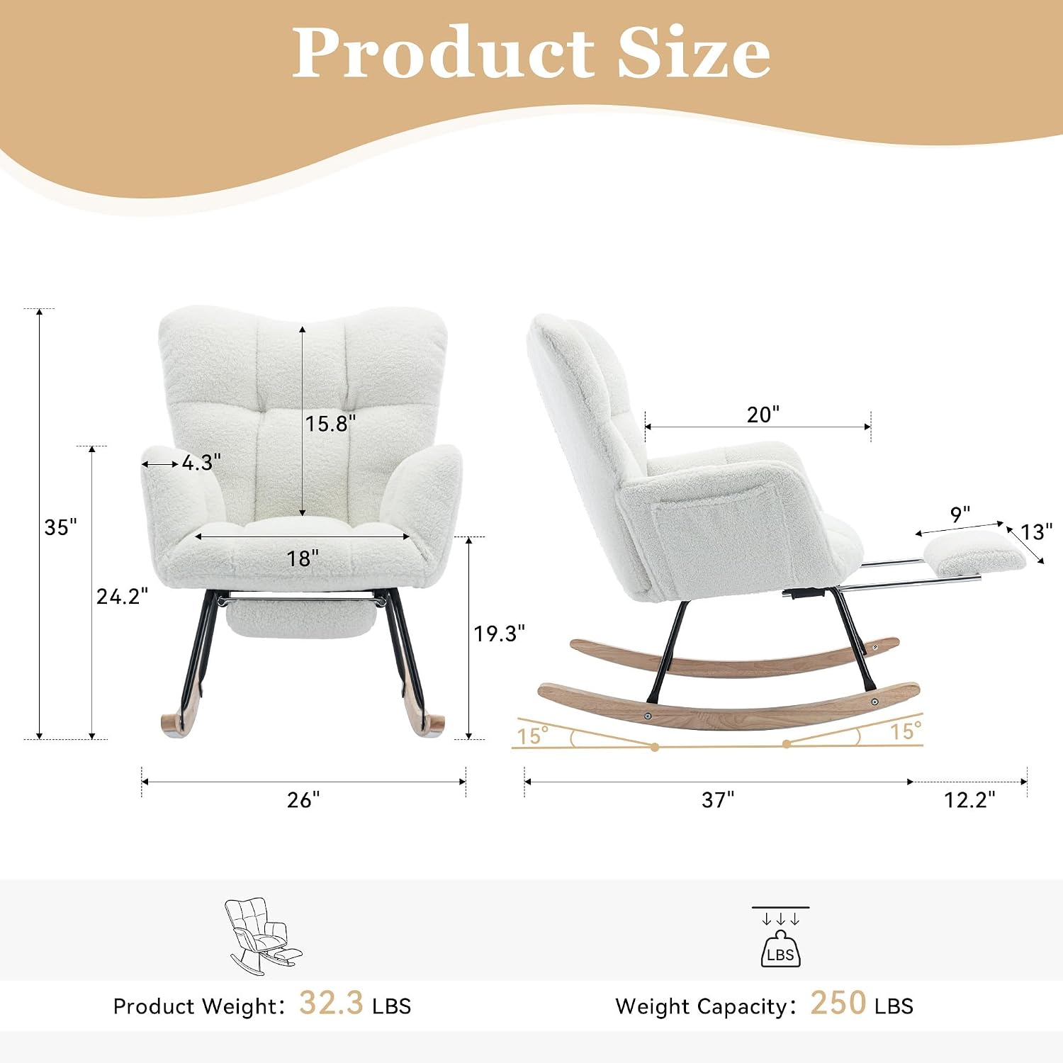Teddy Fabric Leisure Rocking Chair with Adjustable Footstool – High Backrest Nursery Rocking Chair in Ivory, Solid Wood & Metal Base for Living Room, Bedroom & Baby Room