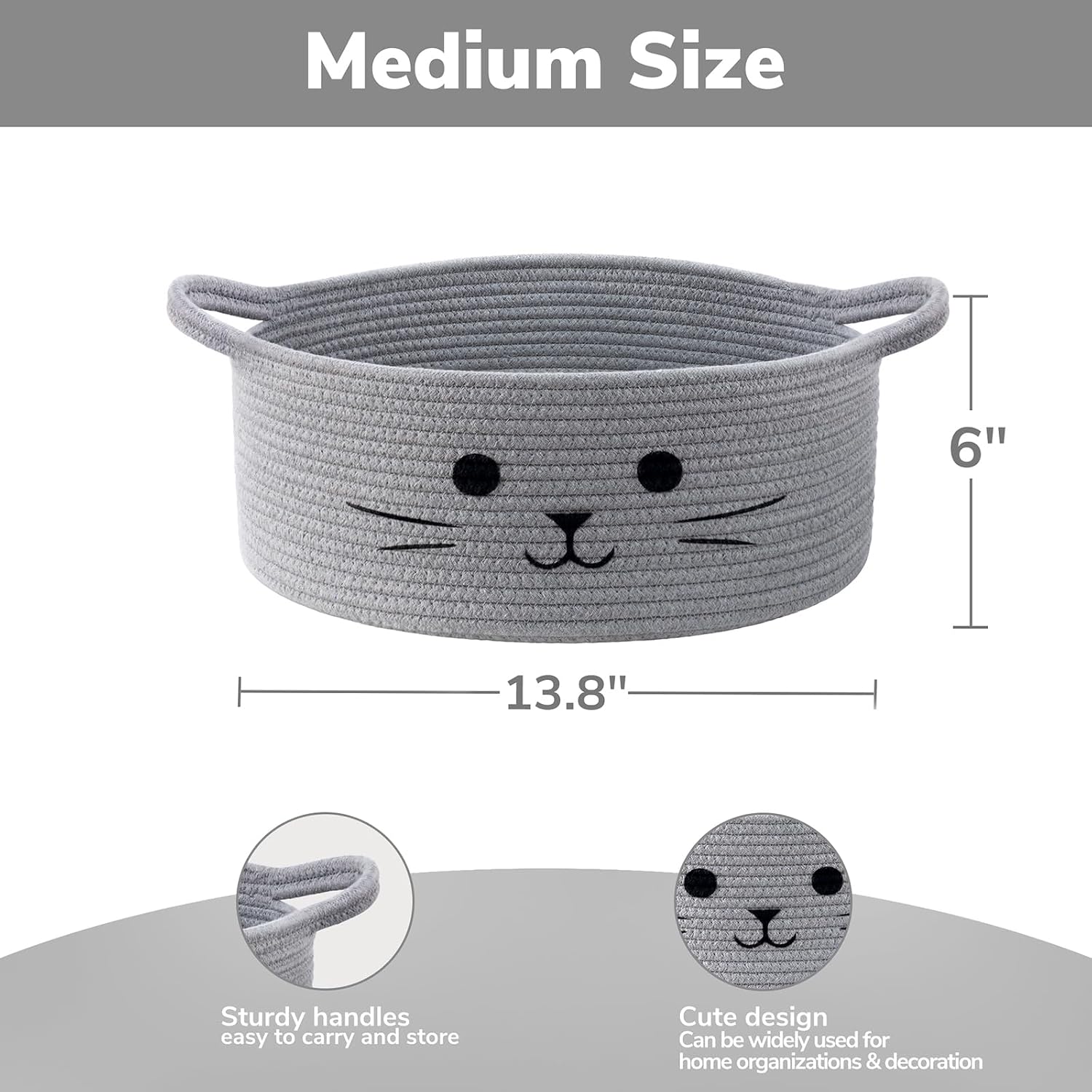 13.8" x 6" Cat Toy Basket, Woven Basket for Living Room Home Décor, Medium Empty Gift Baskets for Nursery, Cotton Rope Baskets for Cats Bed, Grey