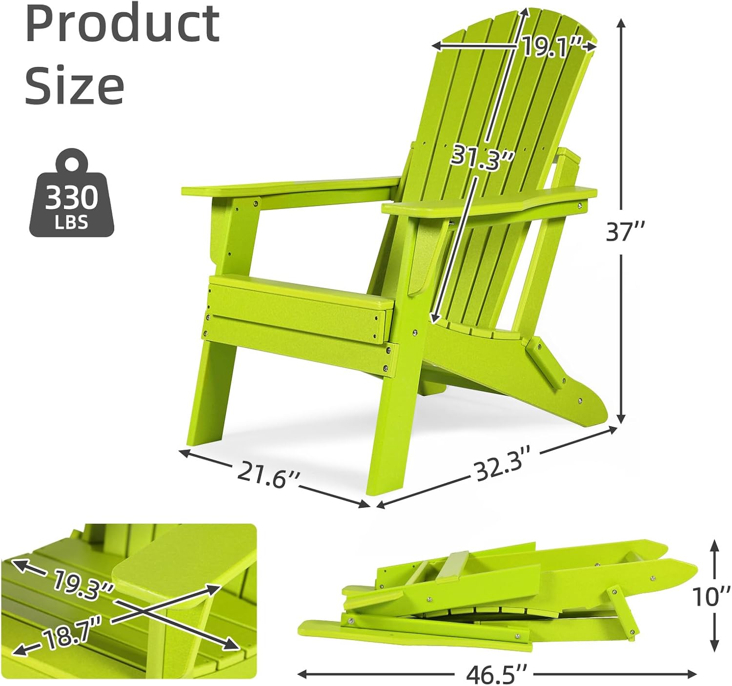 Aoodor Folding Adirondack Chair HDPE Outdoor All-Weather Chair for Patio, Garden, Backyard, Lawn, Fire Pit, Set of 2, Apple