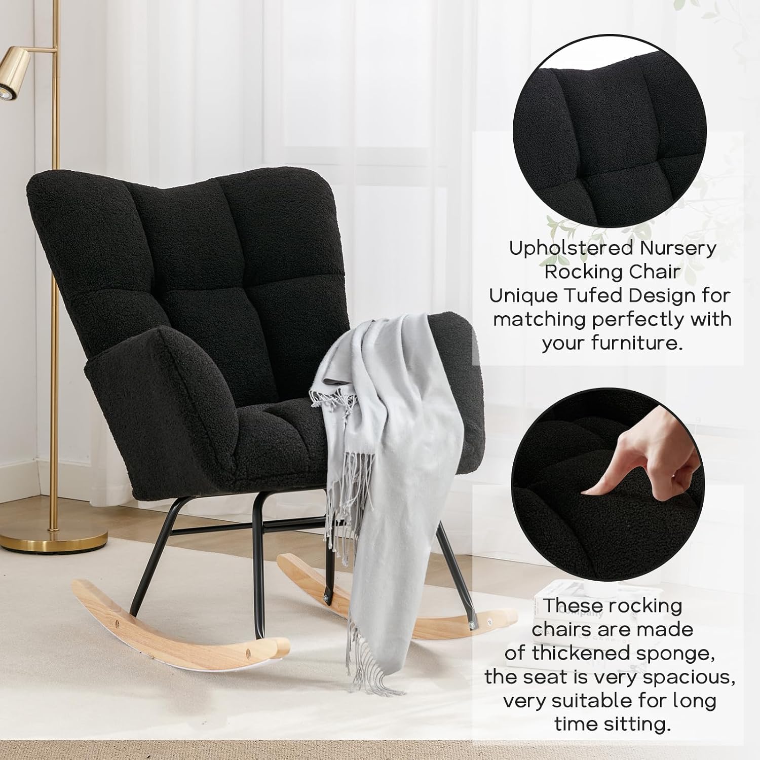 Modern Nursery Rocking Chair, Upholstered Glider Chair with High Backrest, Rocker Accent Armchair with Solid Wood Legs for Nursery Bedroom Living Room (Black Teddy)