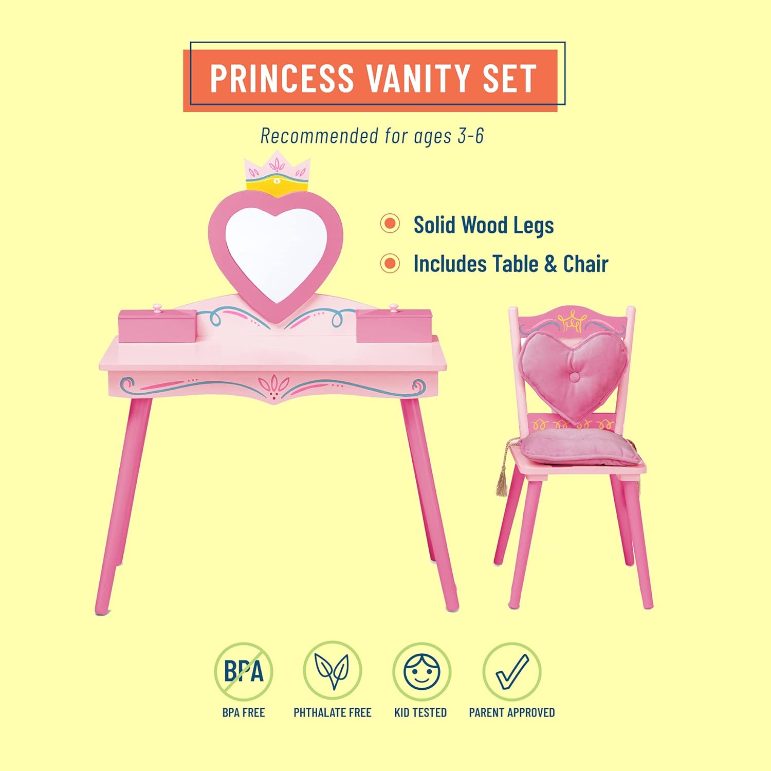 Wildkin Kids Princess Vanity & Chair Set – Wooden Vanity for Girls with Mirror, Jewelry Box & Music Box, with Removable Cushioned Chair - Pink