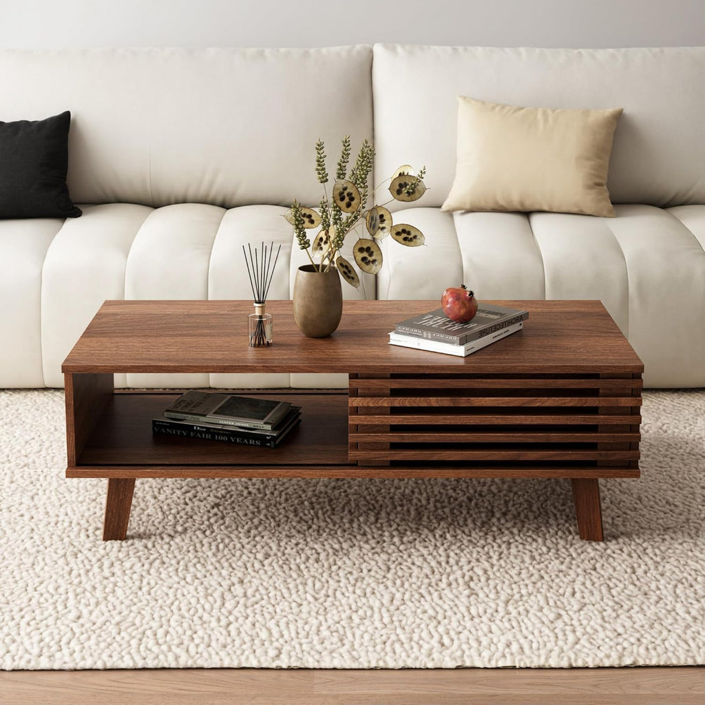 MAISONARIA Living Room Table Sets of 2, Mid Century Coffee Table & Dresser TV Stand, Sliding Door Coffee Table with Storage, Modern TV Stand for Bedroom, Living Room, Walnut
