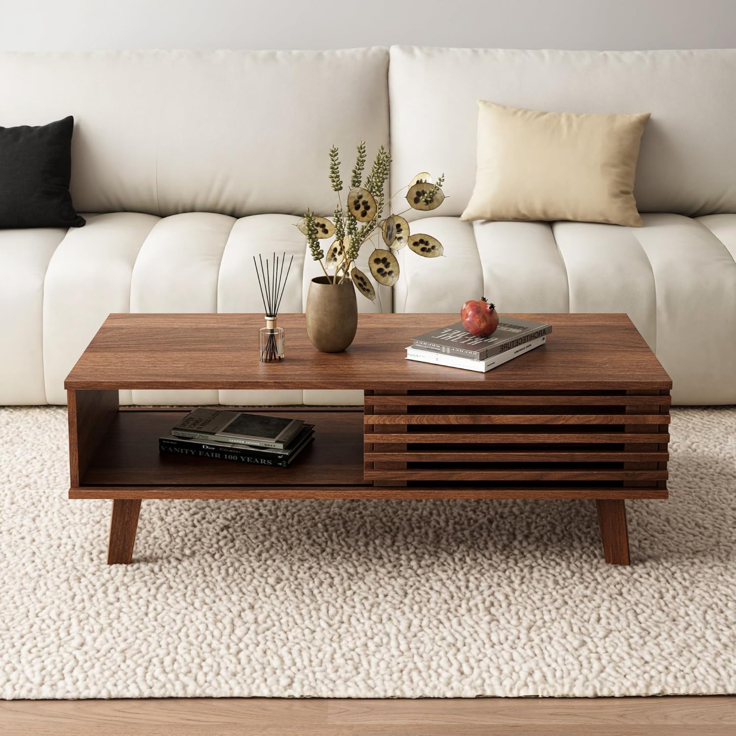 MAISONARIA Living Room Table Sets of 2, Mid Century Coffee Table & Dresser TV Stand, Sliding Door Coffee Table with Storage, Modern TV Stand for Bedroom, Living Room, Walnut