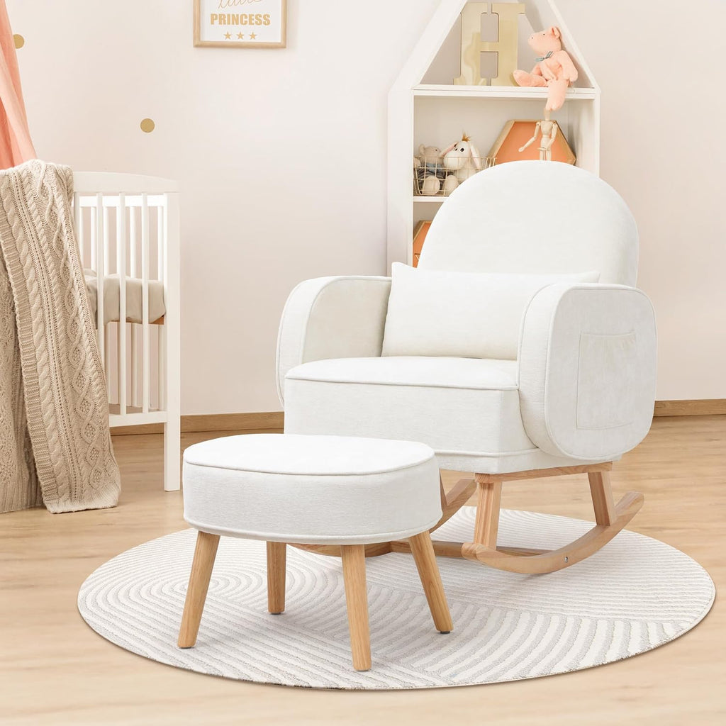 HCHAIRH Rocking Chair with Ottoman, Upholstered Glider Rocker with High Backrest and Side Pocket, Comfy Chenille Reading Chair with Solid Wood Legs for Nursery, Living Room,Bedroom Beige