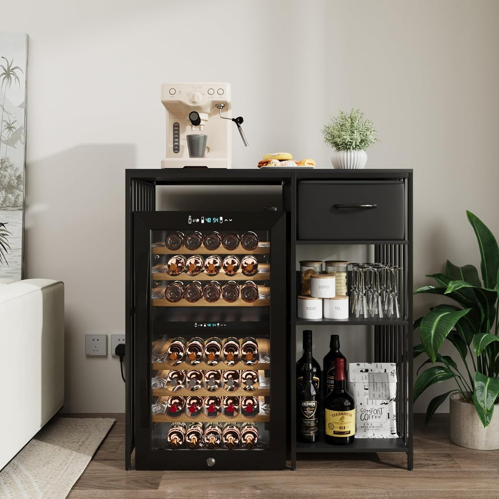 VOWNER Mini Fridge Cabinet with Power Outlet, 3-Tier Industrial Style Kitchen Microwave Stand Baker Rack with Drawer, Utility Storage Shelf for Home Kitchen Dorm Office, Black, 35" Lx22 Wx37 H