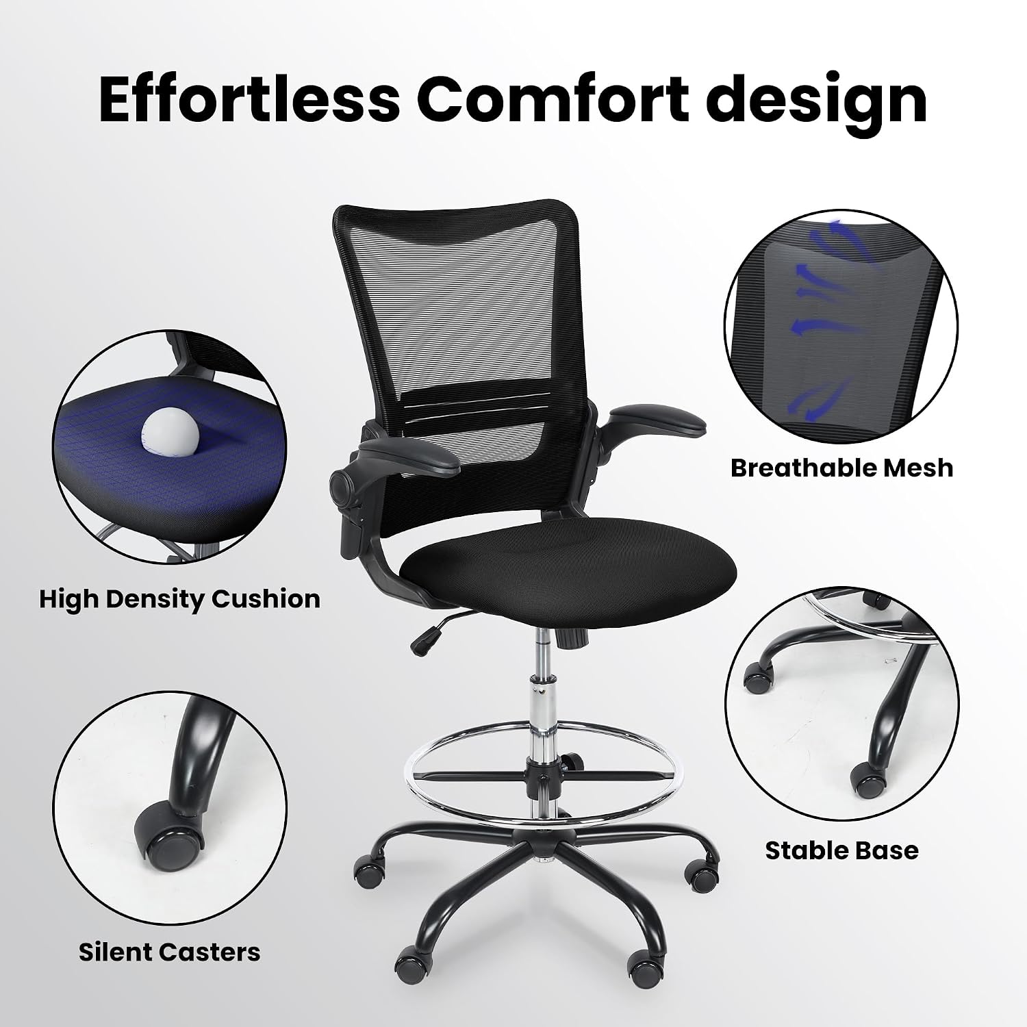 Drafting Chair Tall Office Chair for Standing Desk with Up & Down Flip-Up Armrest, 9” Adjustable Height High Desk Chair with Footrest Ring, 120° Recline Mesh Ergonomic Chair, 300 lbs