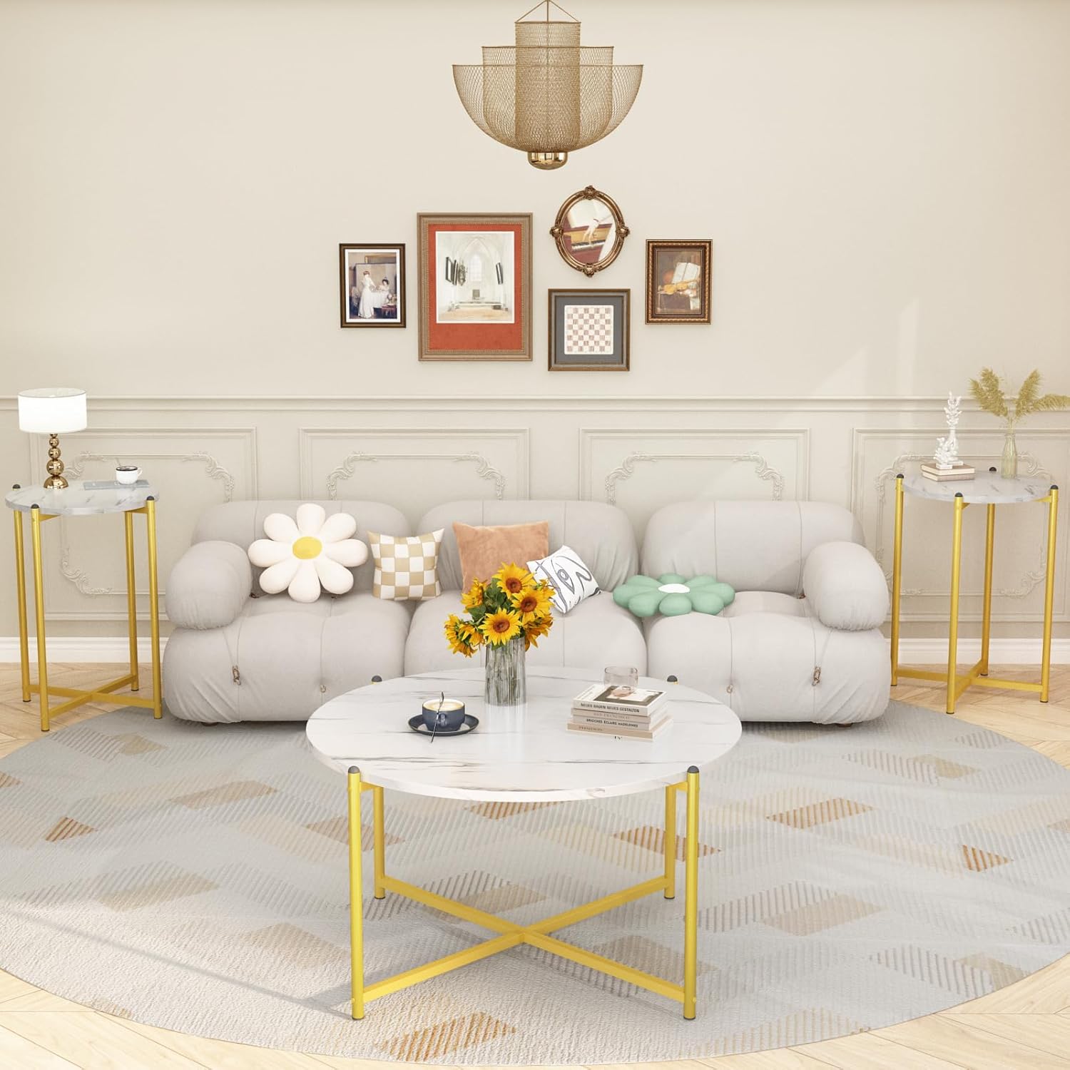 AWQM Faux Marble Coffee Table Set of 3, 1 Coffee Table & 2 Sofa Table, Round Tabletop and Metal Cross Base Frame,Perfect for Living Room Apartment, White