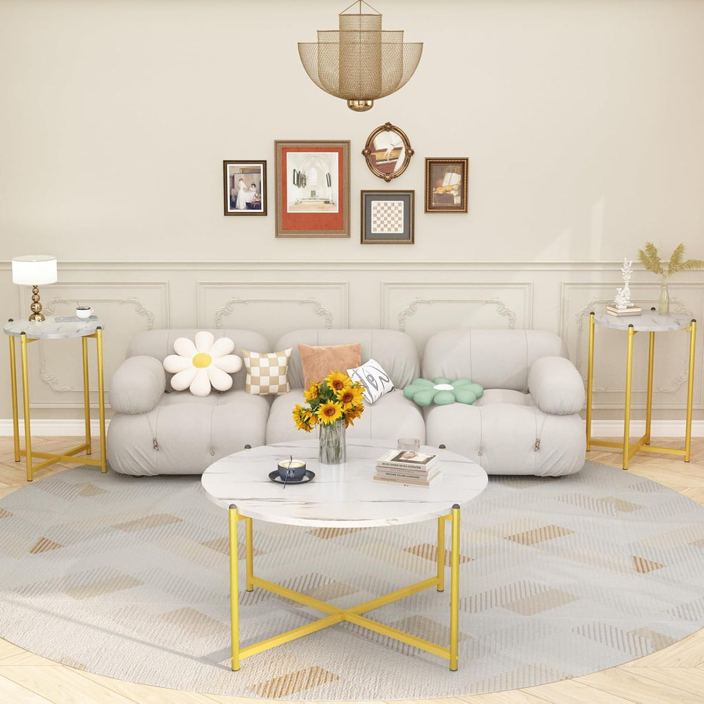 Lamerge Coffee Table Set of 3,Modern Faux Marble Top with Golden Frame,1 Coffee Table & 2 Accent Table, Living Room Table Set, for Apartment,Office and So on,White & Gold (LCTR-W)