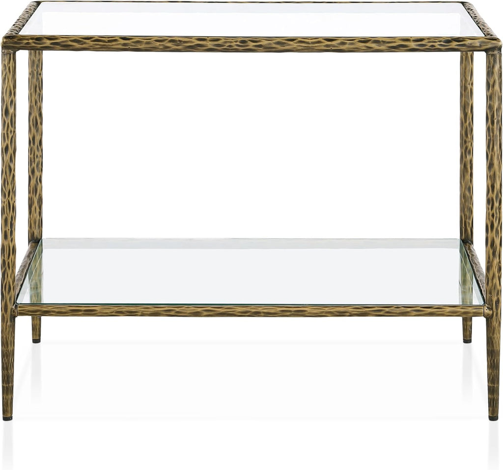 24/7 Shop at Home Lalia Modern 30-inch Metal End Table with Tempered Glass Top and Shelf, Hammered Steel Frame for Living Room, Matte Gold