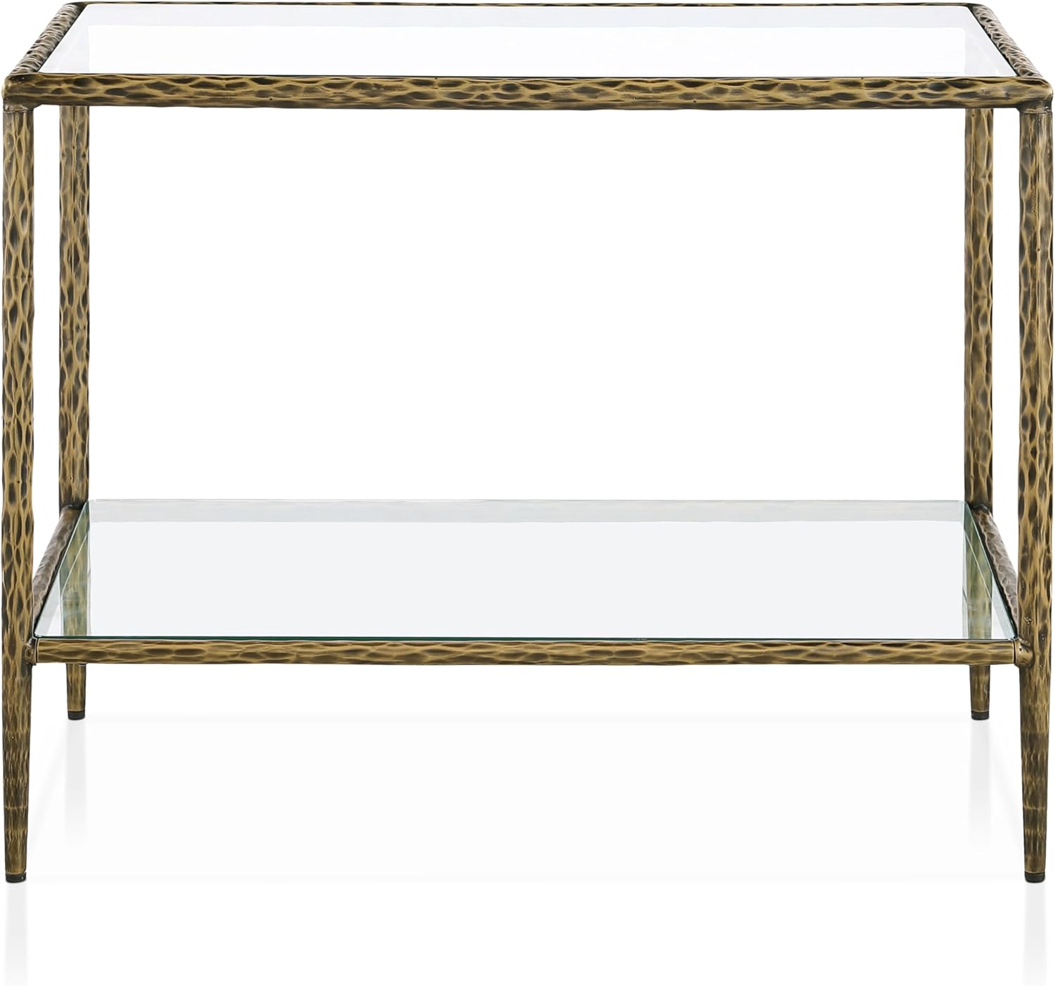 24/7 Shop at Home Lalia Modern 30-inch Metal End Table with Tempered Glass Top and Shelf, Hammered Steel Frame for Living Room, Matte Gold