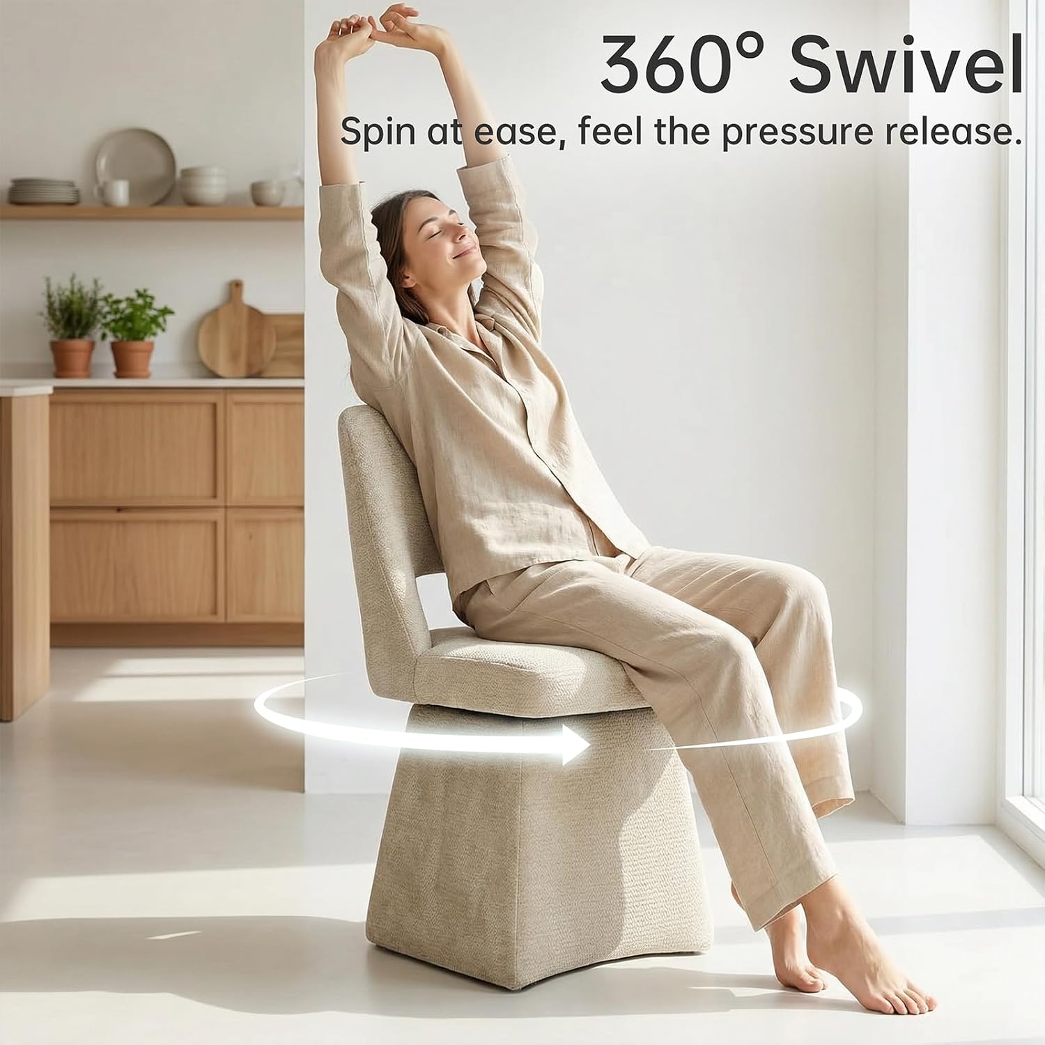 VKNOW Upholstered Swivel Dining Chairs Set of 4, Modern Dining Room Chairs with Open Back, Chenille Fabric Kitchen Chairs for Dining Room, Living Room, Bedroom, Vanity, Khaki