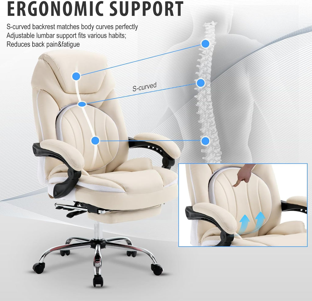 Comfortable Office Desk Chair with Foot Leg Rest, PU Leather Ergonomic Reclining Office Chair with Footrest Back Lumbar Support, Beige
