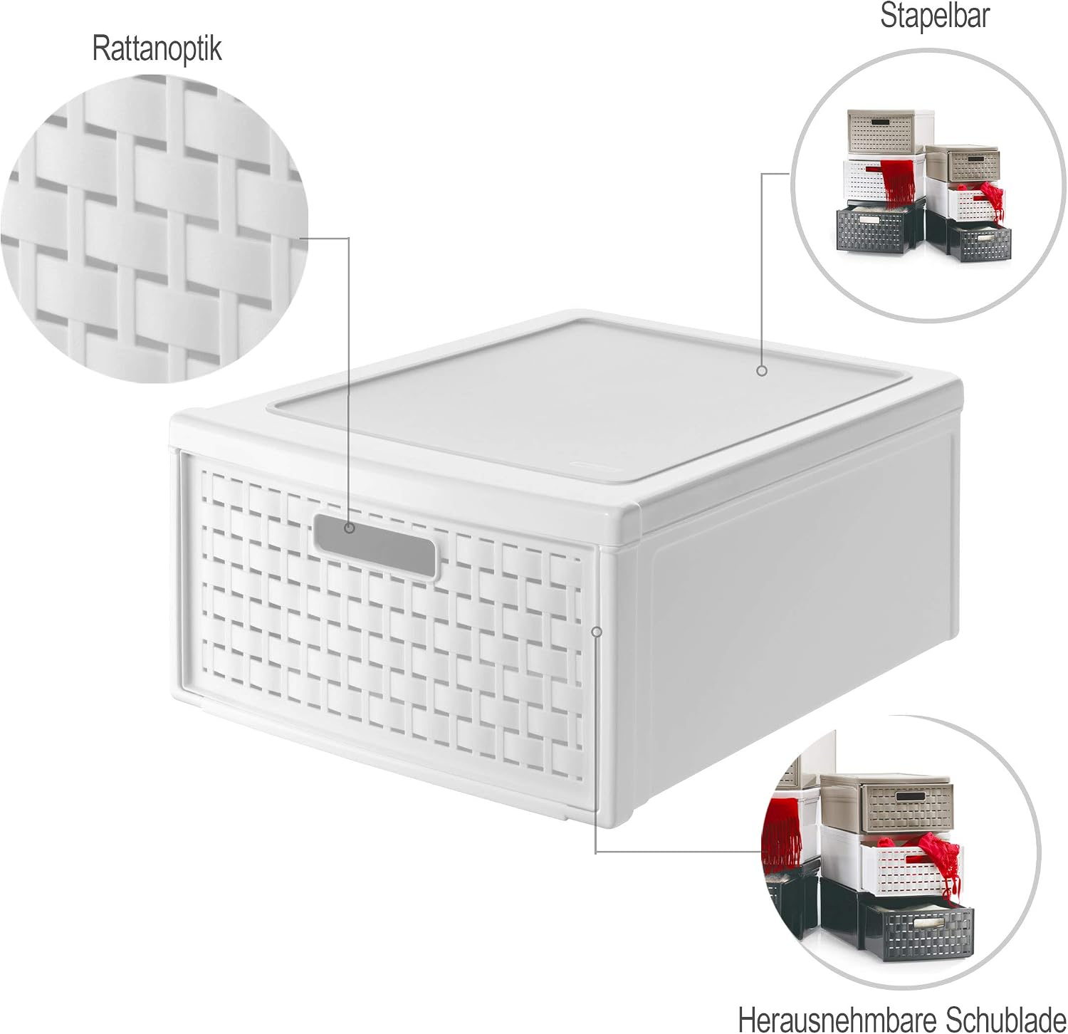 Rotho, Country, Drawer box 19.2 l in rattan-look, Plastic (PP) BPA-free, white, groß/19,2l (45,0 x 34,0 x 20,0 cm)