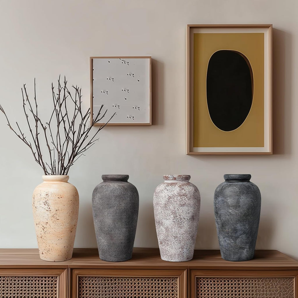 Rustic Vase, 11 inch Large Terracotta Flower Vase, Farmhouse Ceramic Pottery, Distressed Farmhouse Decor for Living Room, Shelf, Entryway, Room Decor, Black Bronze