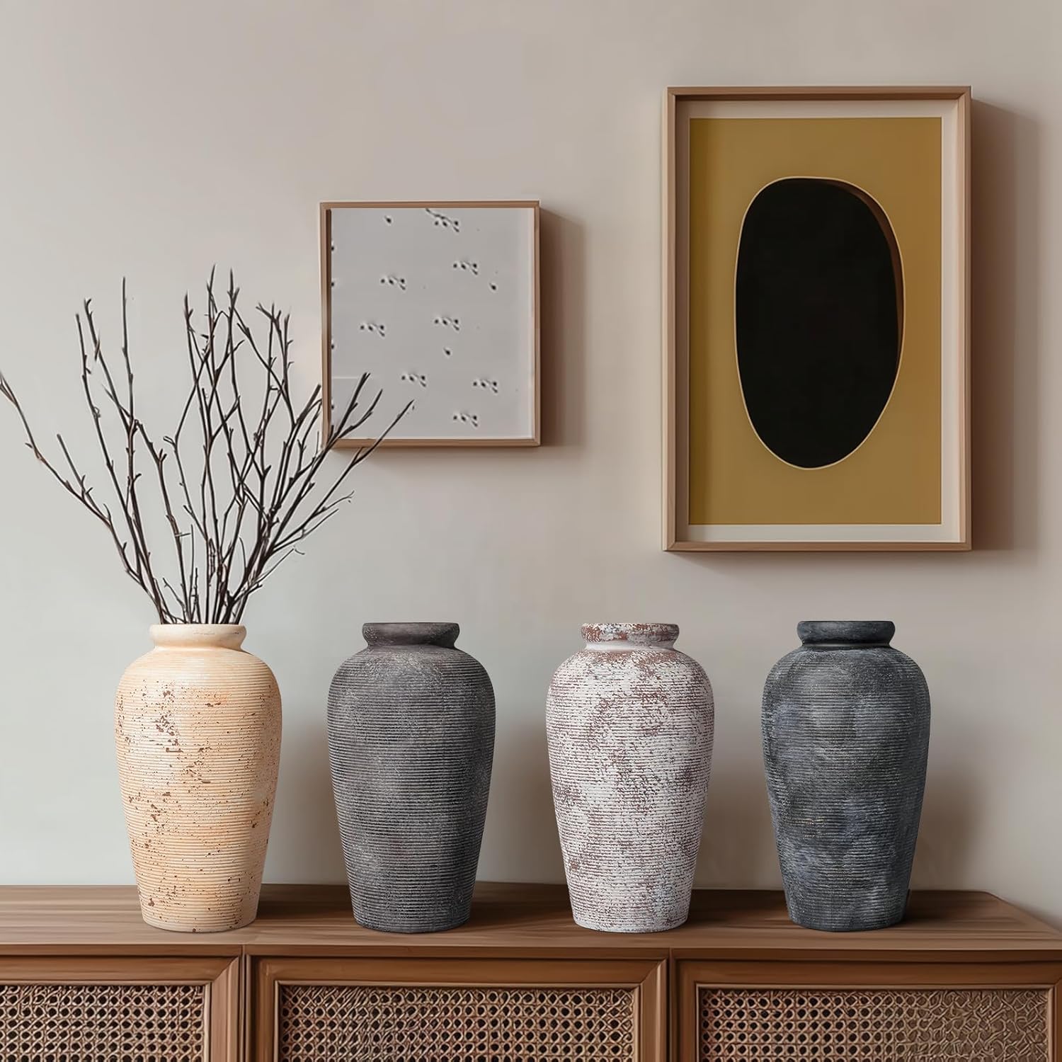 Large Rustic Terracotta Vase, 11 inch Tall Ceramic Flower Vase, Clay Farmhouse Decorative Vases for Flowers, Living Room, Shelf, Entryway, Home Decor, Grey