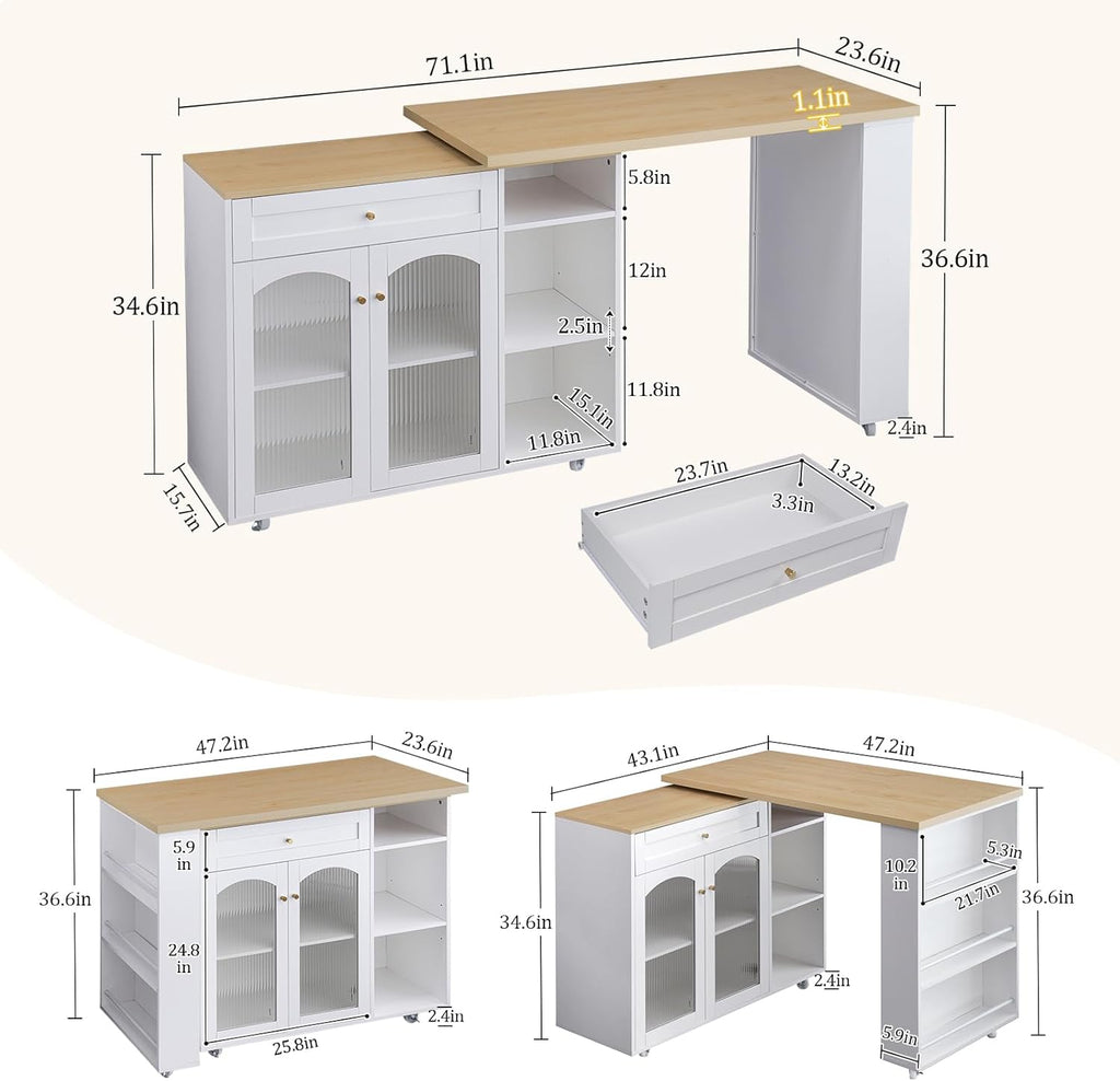 LYNCOHOME 71.1" Rolling Kitchen Island with 360° Rotating Tabletop, Mobile Lockable Wheels & Adjustable Shelves, Multifunctional Storage Cart for Kitchen & Dining（White）