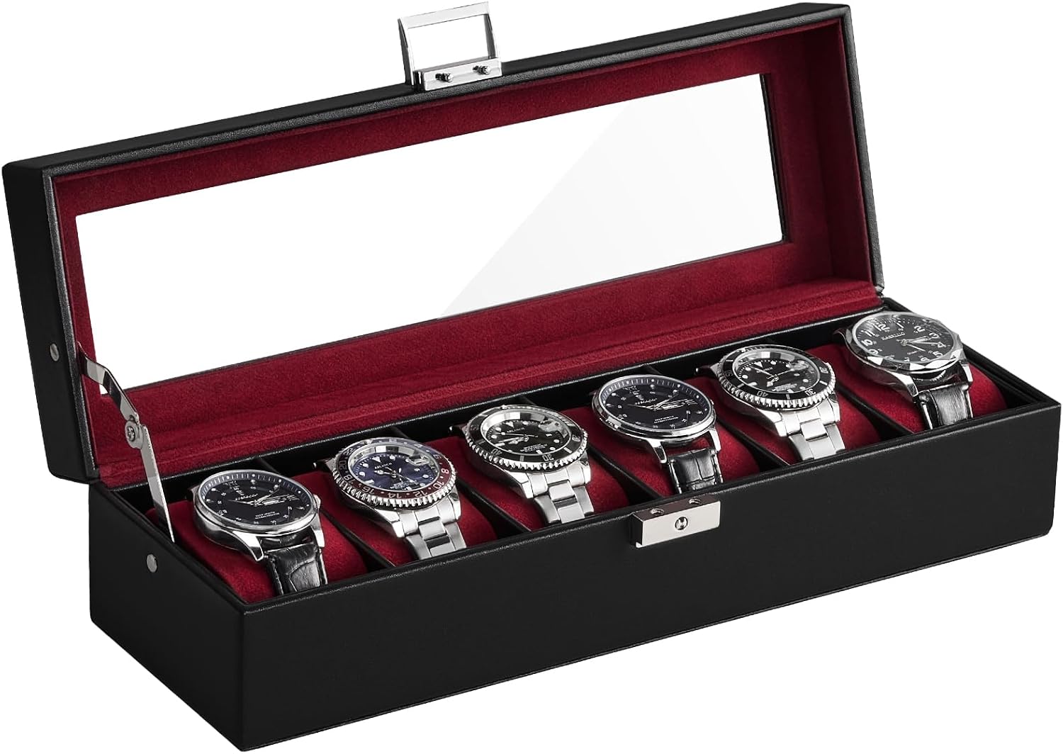 ProCase 6 Slot Watch Case Box for Men, PU leather Man Watch Organizer with Soft Pillow, Lockable Watch Collection Storage Holder with Glass Display Lid, Fathers Day Gift for Dad -Winered