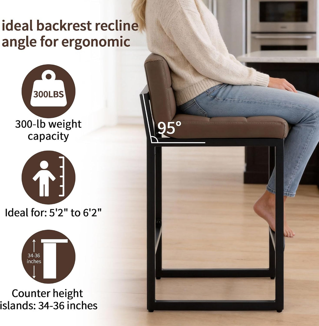 FIRAVOE Counter Height Bar Stools Set of 4, Upholstered Barstools with Back, Bar Chairs with Thickened Metal Legs, PU Leather Counter Stools for Kitchen Island (Coffee Brown, 4Pcs 26" Counter Stools)