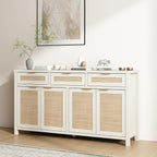 HOKYHOKY Rattan Sideboard Buffet Cabinet, Boho Storage Cabinet with Adjustable Shelves, Farmhouse Credenza Coffee Bar Cabinets with 4 Doors & 3 Drawers for Living Room, Hallway & Kitchen