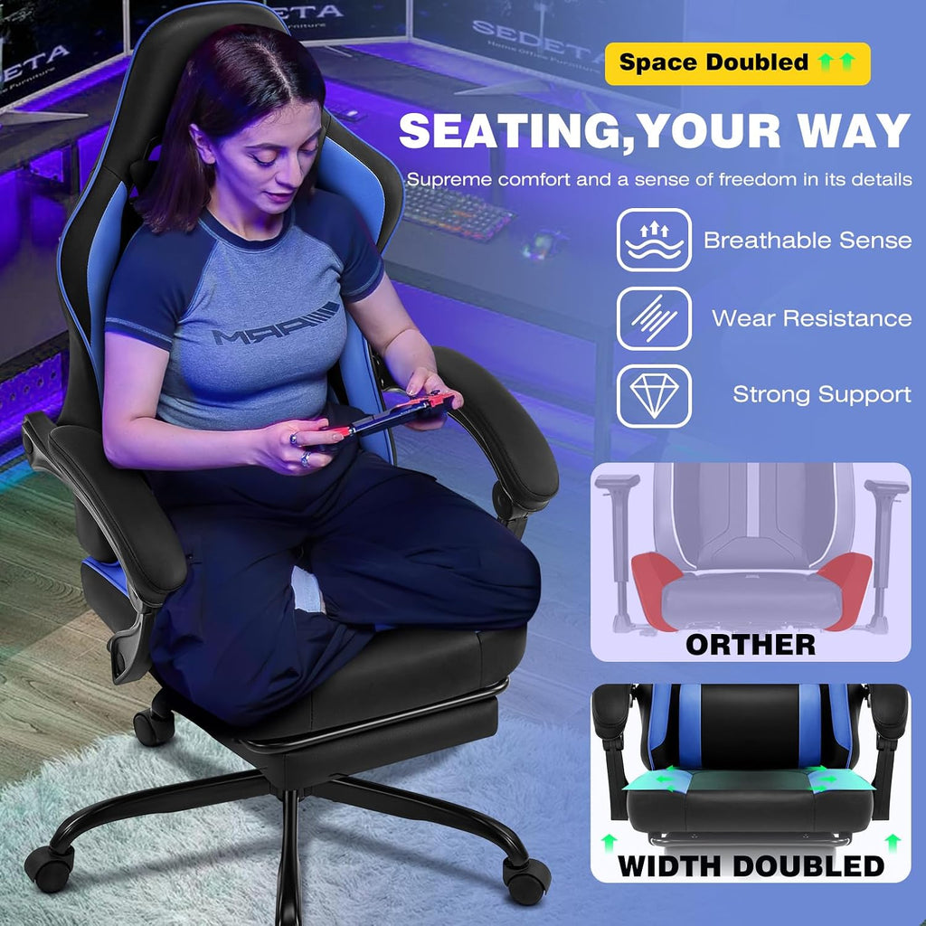 Gaming Chair with Footrest, Comfy Video Game Chairs for Adults Boys with Adjustable Lumbar Support, Linkage Armrests, Reclining Ergonomic Computer Chair for Gaming Office, 360°Swivel, Blue