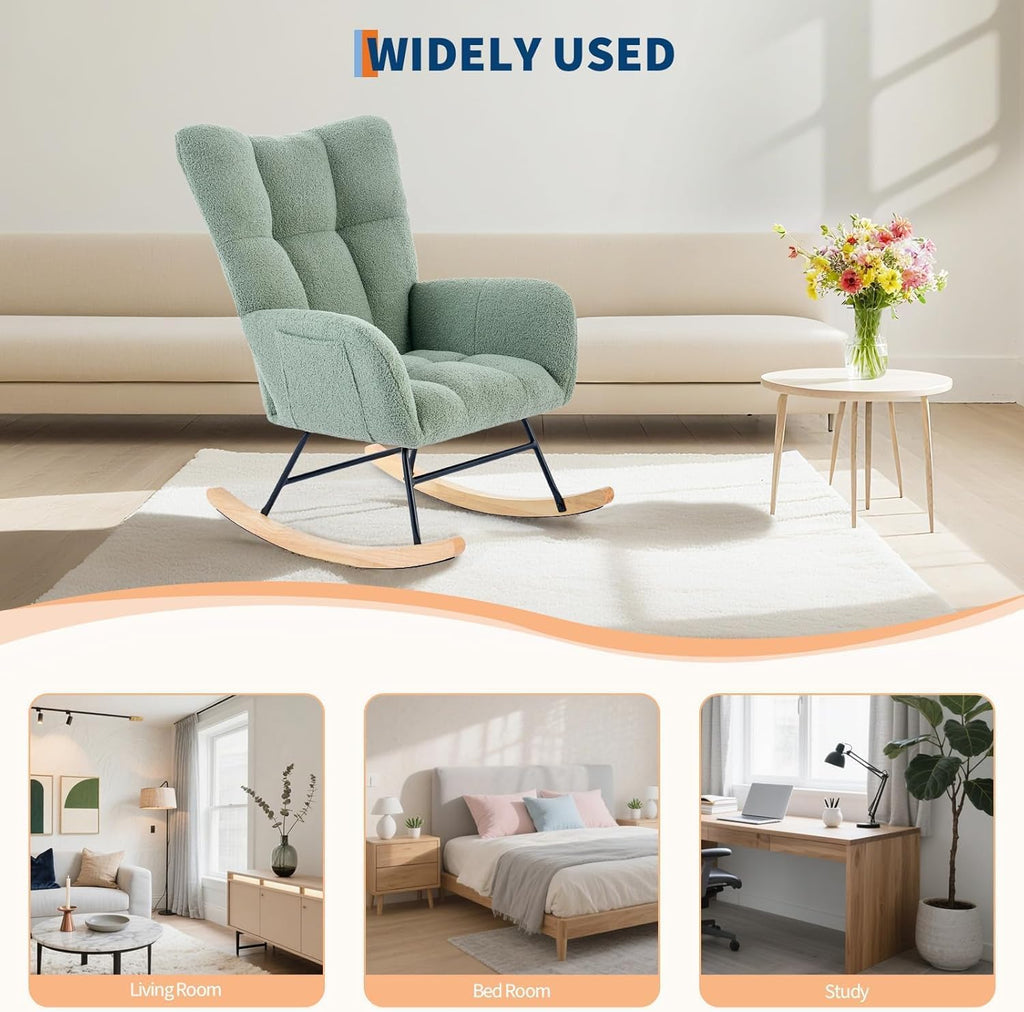 Rocking Chair Nursery Teddy, Upholstered Baby Fluffy Glider Rocker for Adults Small Spaces Indoor,Nursing Chairs for Living Room, Bedroom,Green