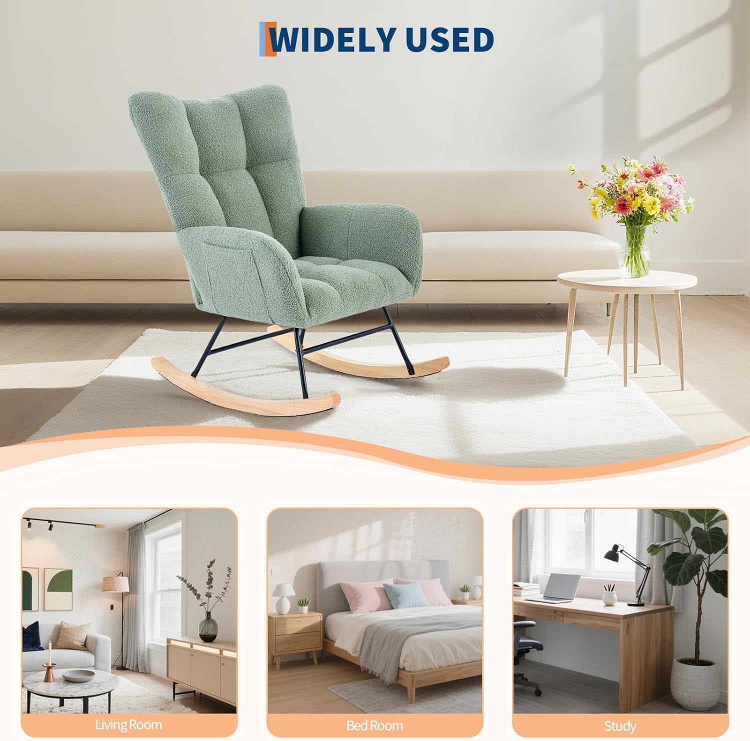 Rocking Chair Nursery Teddy, Upholstered Baby Fluffy Glider Rocker for Adults Small Spaces Indoor,Nursing Chairs for Living Room, Bedroom,Green