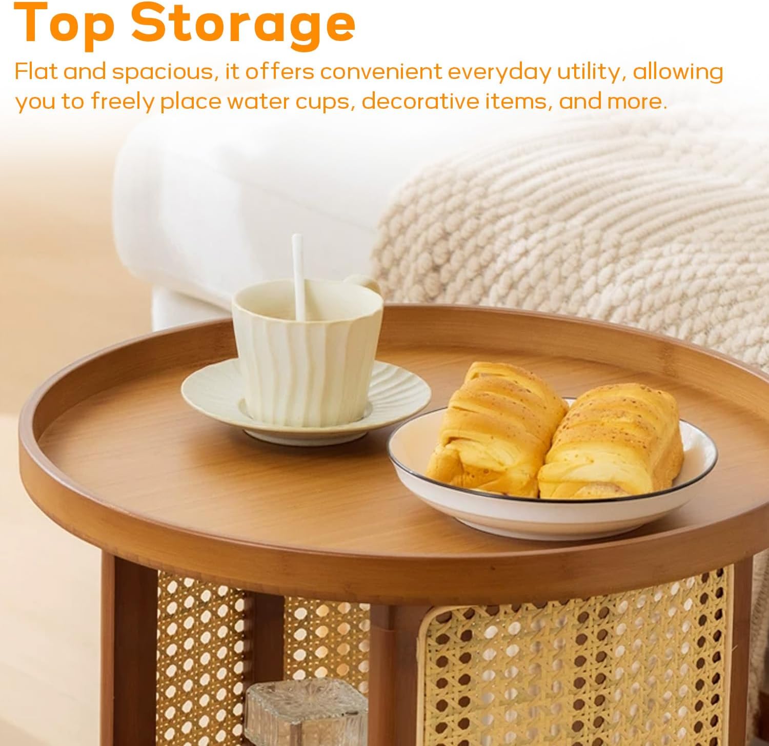 Rattan Coffee Table Round End Table with 2 Layer Storage Bamboo Living Room Side Table for Sofa Bedroom Balcony Small Space