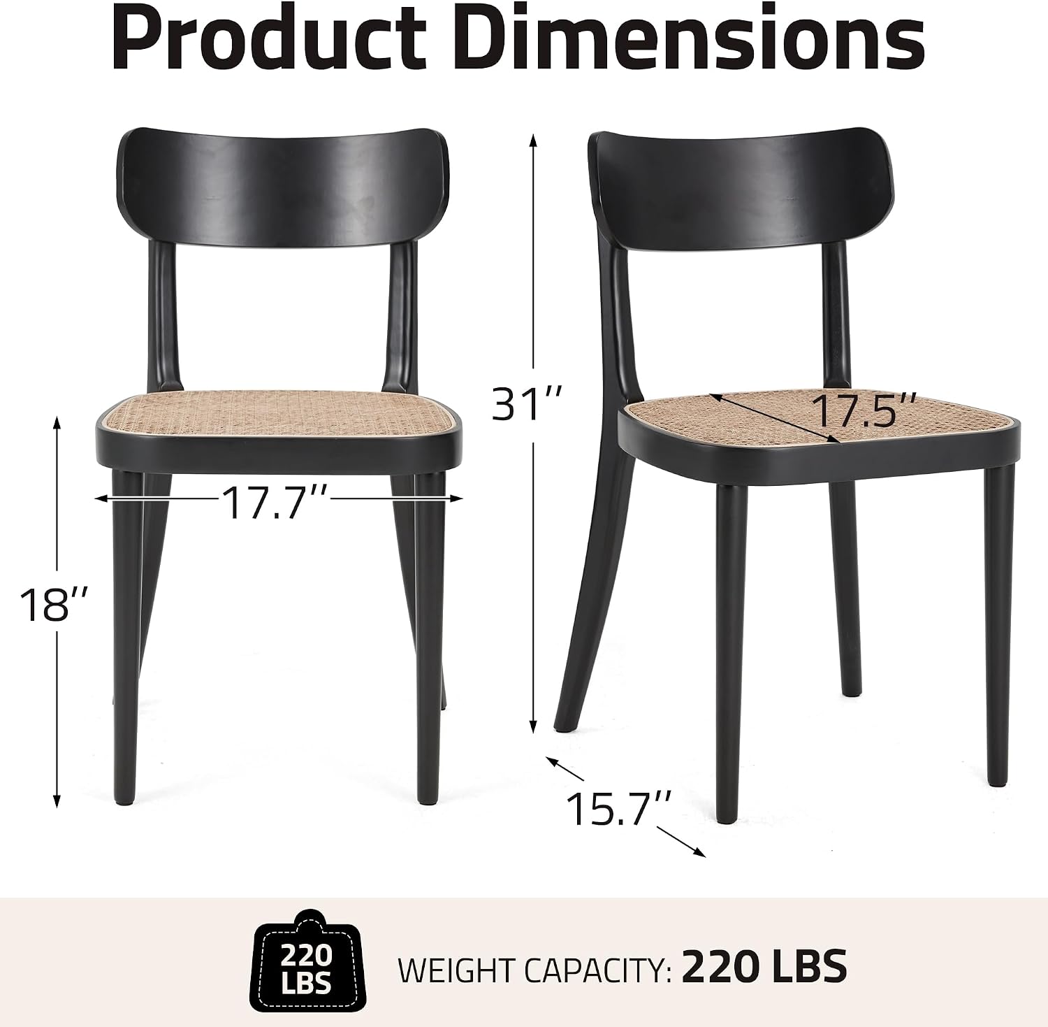 AVAWING Black Wood Dining Chairs Set of 4, Farmhouse Dining Chairs with Cane Seat and Curved Back for Kitchen & Dining Room