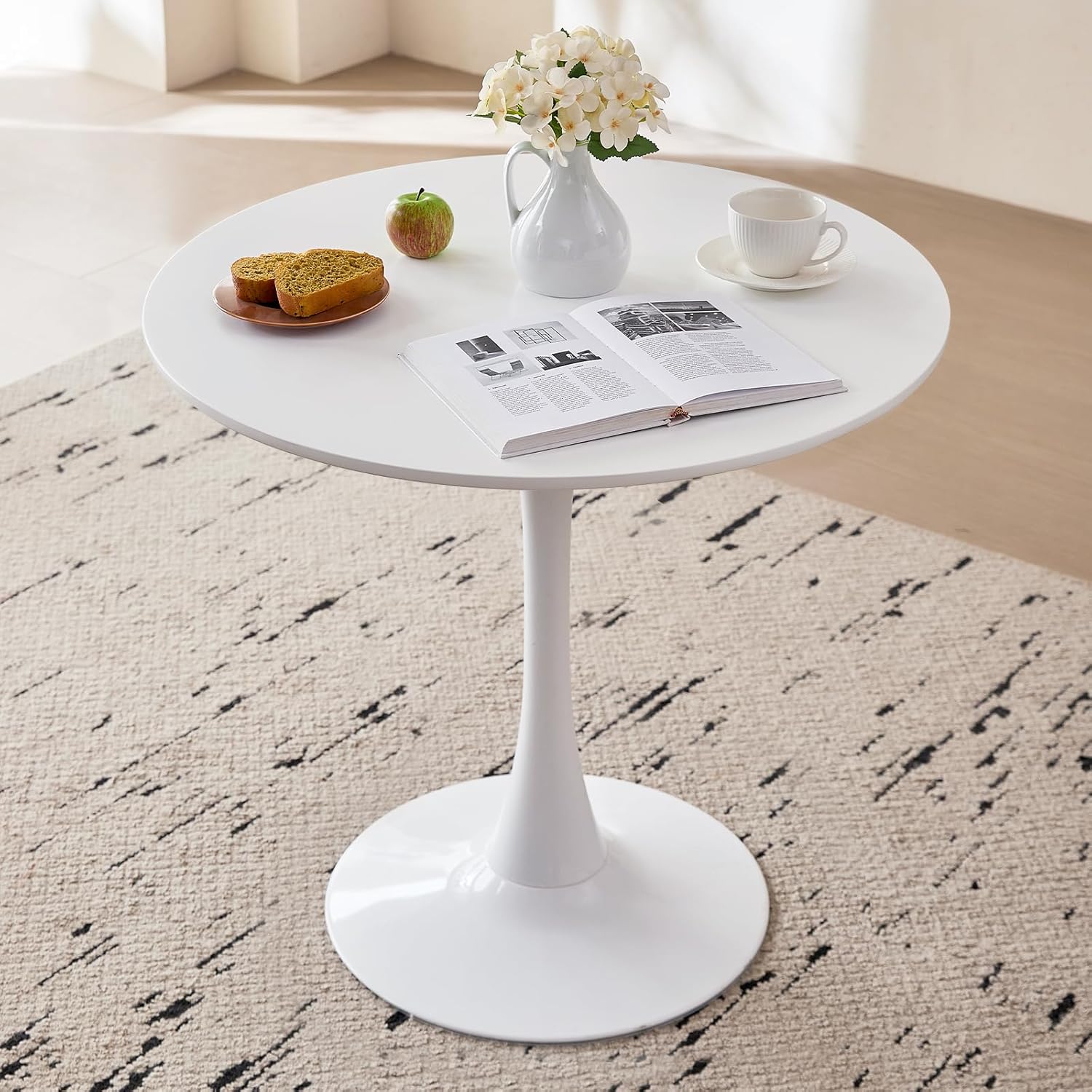 23.6" Round Dining Table for 2-4 Modern Circle Tulip Table with Metal Tulip Pedestal Base for Kitchen Dining Living Room Apartment Small Space Cafe, White