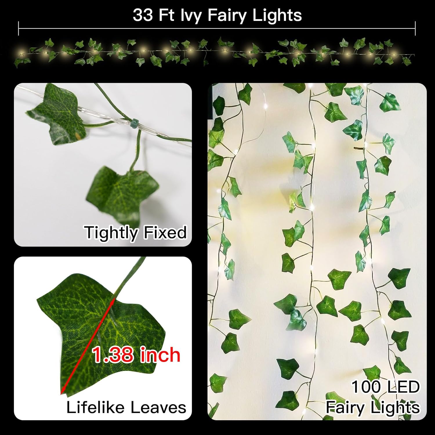suddus Vine with Fairy Lights Battery Operated, 33ft100 LED Pothos String Lights with Remote, Leaf Lights for Bedroom, Room, Wall, Garden, Party, Wedding Dorm Decor(Warm White)