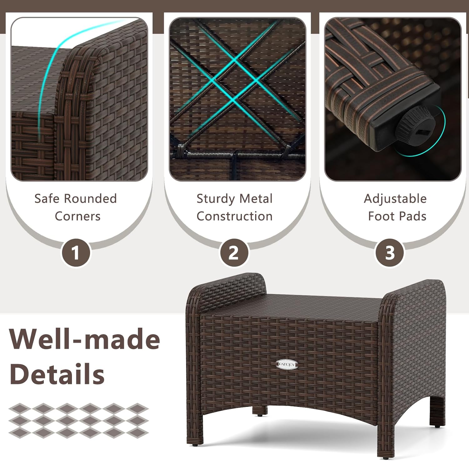 Tangkula 2 Pieces Outdoor Patio PE Wicker Ottomans with Removable Cushions, Outdoor Furniture for Additional Seating, Footrest and Side Table, Outdoor Footstools for Porch, Garden and Backyard