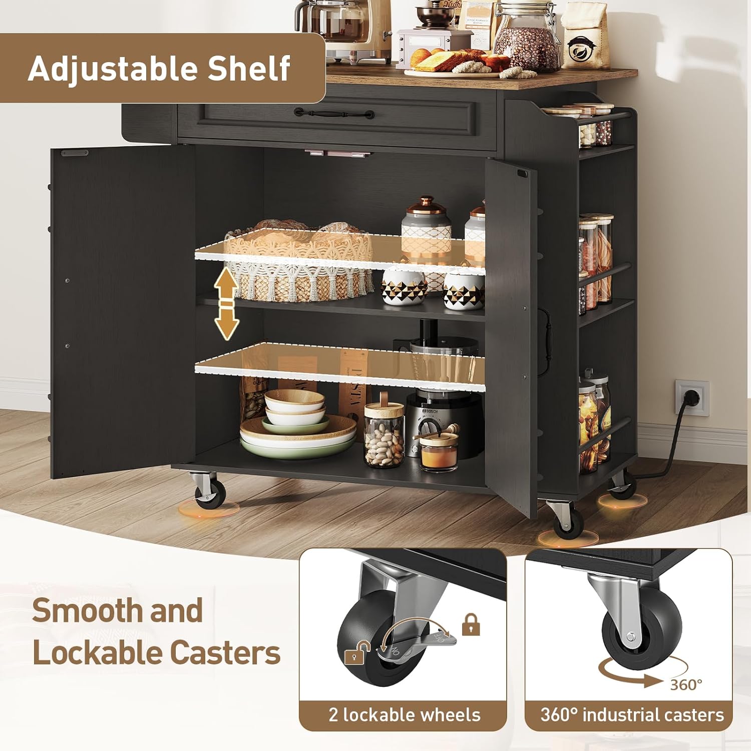 RALGEND Kitchen Island with Power Outlets & Drop Leaf, Rolling Kitchen Cart on Wheels, Kitchen Storage Island with Spice Rack and Drawer for Kitchen, Dinning Room, Black and Rustic Brown