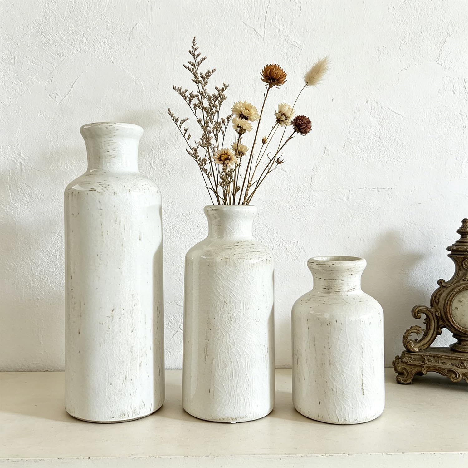 Modern Ceramic Vase Set of 3,White Rustic Vase Home Decor, Farmhouse Vase Decor for Shelves,Entry Table,Living Room,Fireplace
