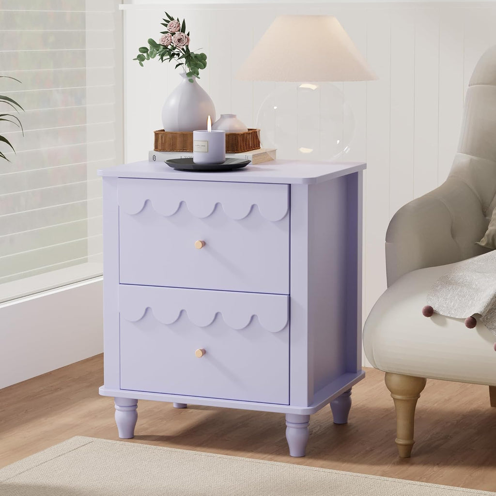 Purple Nightstand Side End Table with 2 Drawers, Modern Night Stand with Petal Pattern for Bedroom, Scalloped Bedside Night Tables with Solid Wood Legs