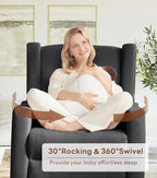 Tbfit 32" Nursery Rocking Chair, 360° Swivel Recliner Chair with Lumbar Support for Bedroom, Comfy Upholstered Armchair with Pillows & Footrest for Living Room & Baby Room