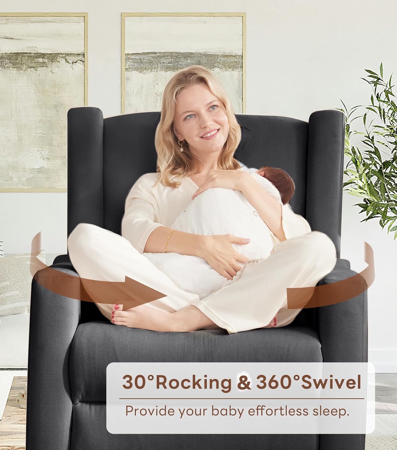 Tbfit 32" Nursery Rocking Chair, 360° Swivel Recliner Chair with Lumbar Support for Bedroom, Comfy Upholstered Armchair with Pillows & Footrest for Living Room & Baby Room