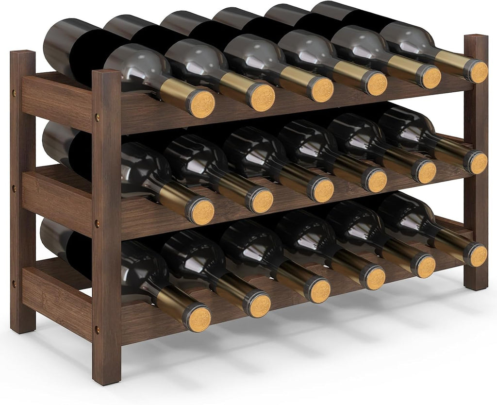 Giantex Bamboo Wine Rack, 3-Tier 18 Bottle Wine Storage Cabinet Shelf, Small Bottle Organizer Freestanding Counter, Countertop Wine Rack for Kitchen, Bar, Pantry & Wine Cellar, Coffee