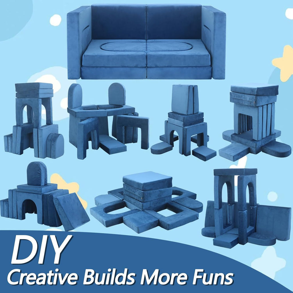 12pcs Modular Kids Play Couch,Kids Couch Building Fort Toddler Modular Sectional Sofa,DIY Creativing Convertible Foam Play Couch for Playroom Bedroom Furniture(Dark Blue,12PACK)