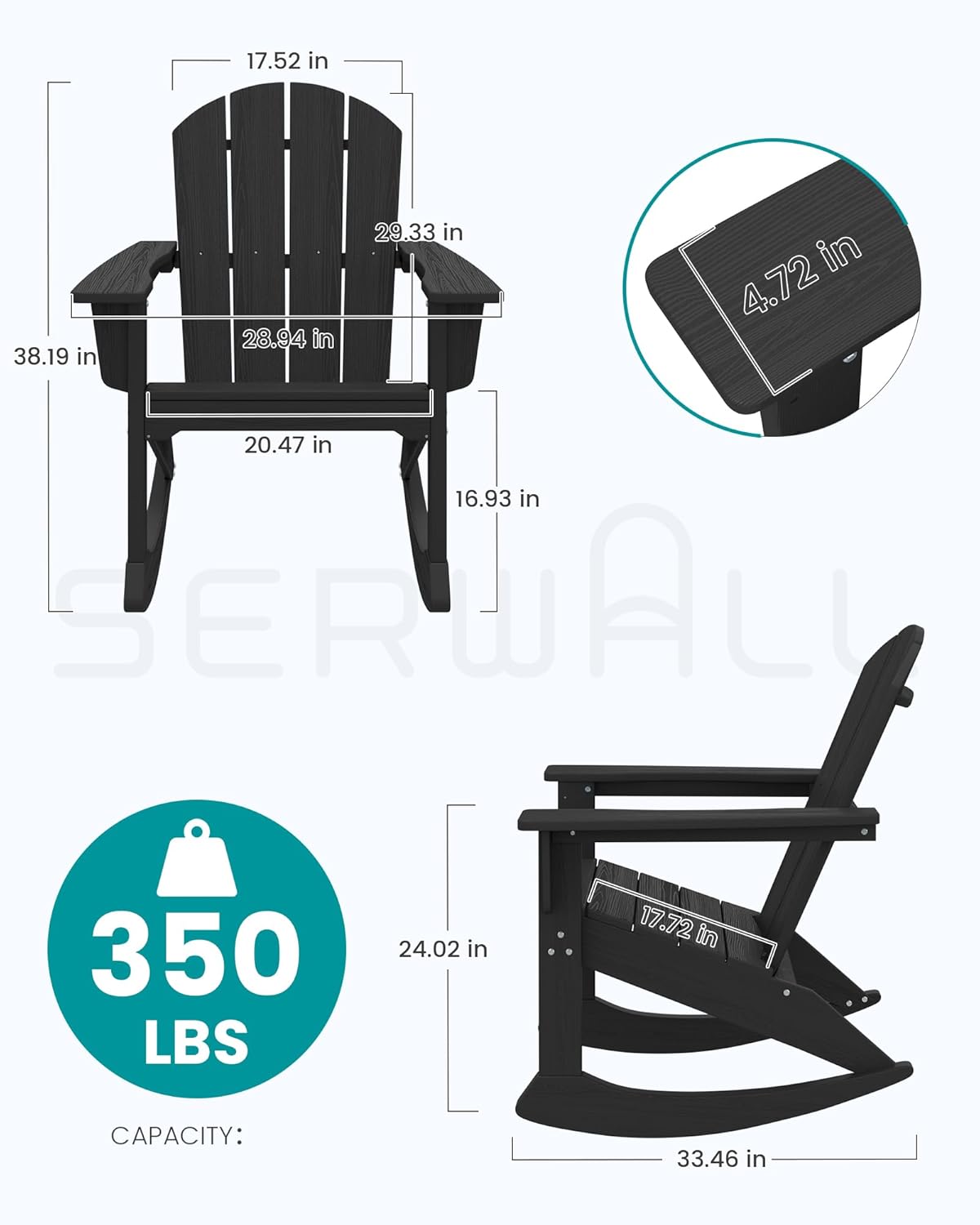 SERWALL Outdoor Adirondack Rocking Chairs Set of 2 with Pillows(500 PP Cotton Filling), All-Weather HDPE Adirondack Rocker Chair, Front Porch Rocker Chairs for Patio Lawn Porch Deck, Black