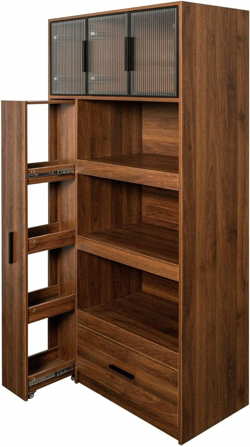 70.87" Kitchen Pantry Cabinet with Multi-Functional Pull-Out Storage Shelves, Glass Door, Drawer, Walnut Wood Cupboard for Kitchen, Dining Room, Microwave Stand, Coffee Bar