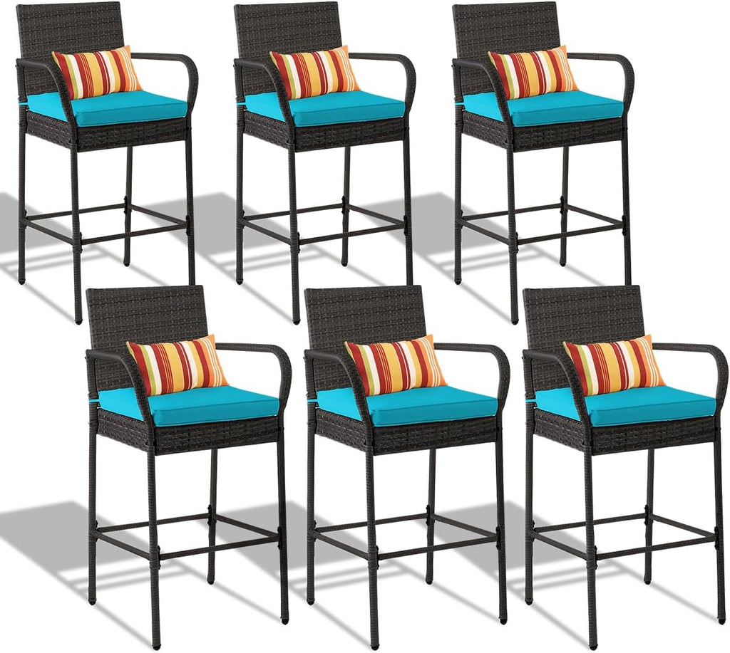 Sundale Outdoor Wicker Bar Stool Set of 6, Patio Counter Height Pub Chair with Arms, High Top Rattan Barstool, Cushion Beige, All-Weather Outdoor Rattan Furniture (Gray&Blue, Small Seat - 6 Stools)