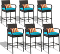 Sundale Outdoor Wicker Bar Stool Set of 6, Patio Counter Height Pub Chair with Arms, High Top Rattan Barstool, Cushion Beige, All-Weather Outdoor Rattan Furniture (Gray&Blue, Small Seat - 6 Stools)
