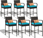 Sundale Outdoor Wicker Bar Stool Set of 6, Patio Counter Height Pub Chair with Arms, High Top Rattan Barstool, Cushion Beige, All-Weather Outdoor Rattan Furniture (Gray&Blue, Small Seat - 6 Stools)