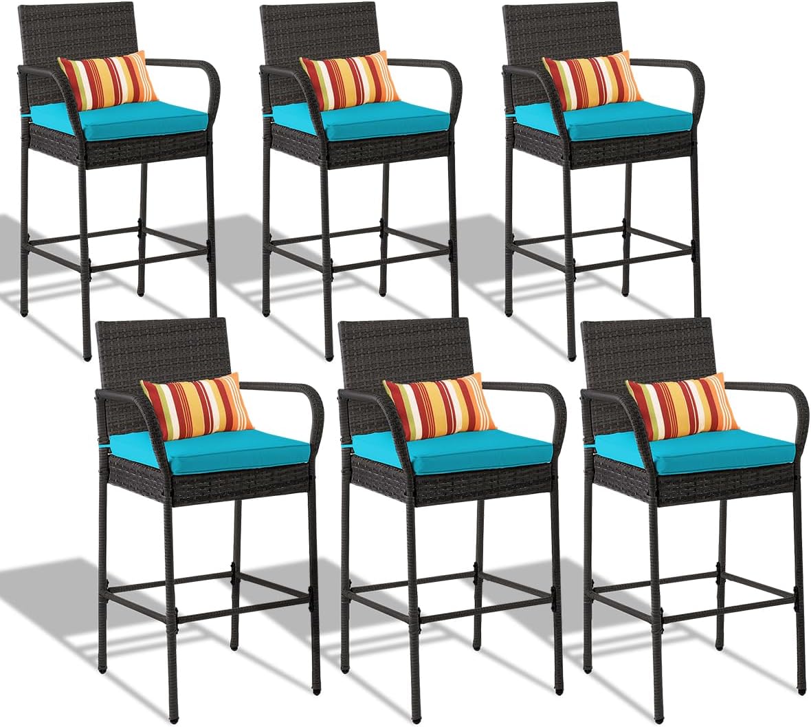 Sundale Outdoor Wicker Bar Stool Set of 6, Patio Counter Height Pub Chair with Arms, High Top Rattan Barstool, Cushion Beige, All-Weather Outdoor Rattan Furniture (Gray&Blue, Small Seat - 6 Stools)